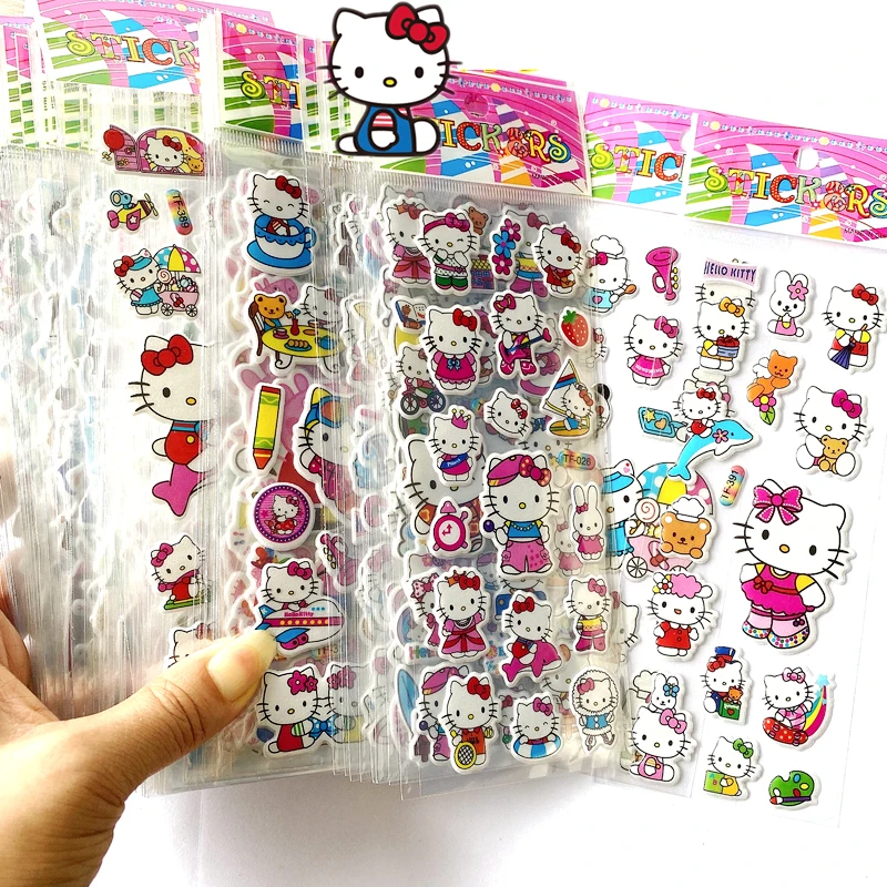 Olá Kitty bolha adesivos para crianças, 3D Sanrio adesivos, desenhos animados bonitos, sem repetição, brinquedo DIY, kawaii, 3 dimensões, 12pcs