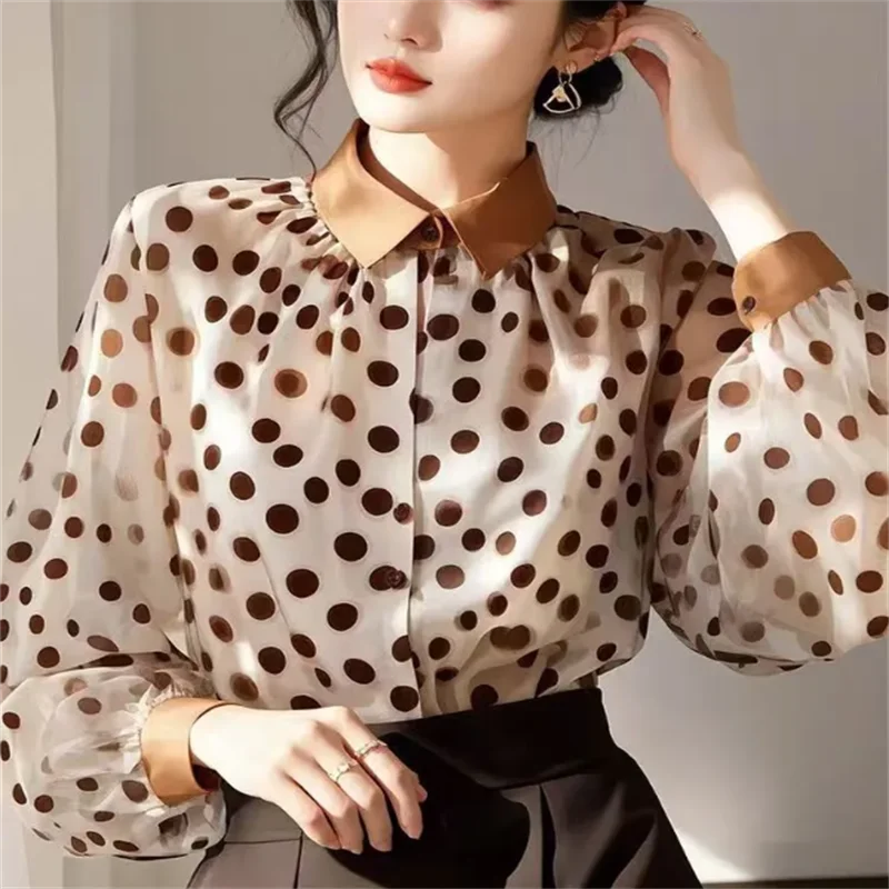 

Рубашка в горошек, женская блузка, элитные рубашки, шифоновый топ в стиле ретро, блузка с длинными рукавами и лацканами, женская блузка с рукавами-фонариками