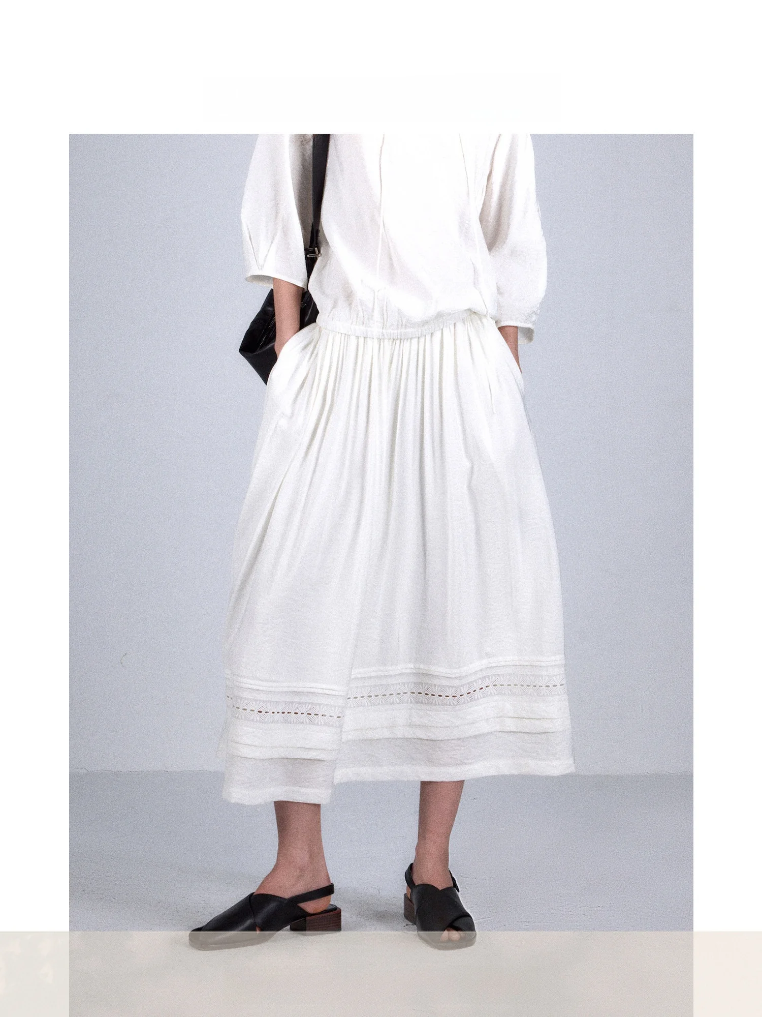 

AMOR Island Breeze A-Line Midi Skirt White Gingham Trim Elastic Waist Vintage Style Women's Half-length Skirts Daily Wear