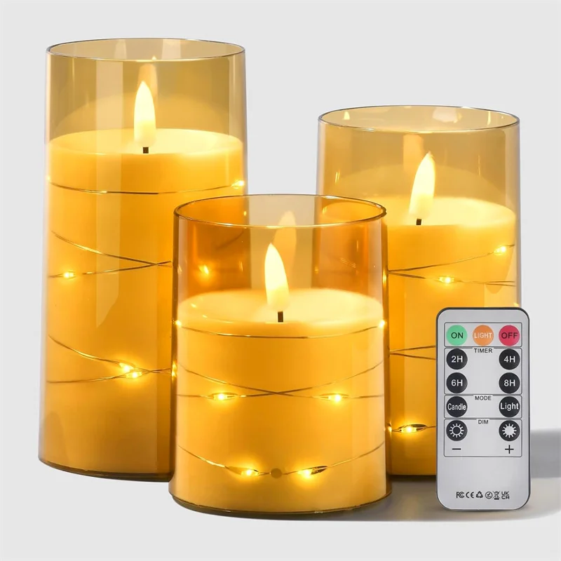 Flickering Flameless Candles with Remote,Acrylic LED Candles with Embedded Star String,Battery Operated Candle for Home Decor
