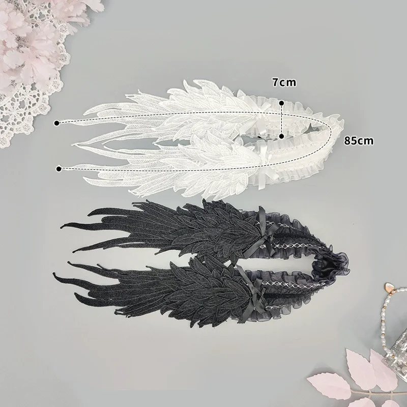 Dark Gothic Lolita Angel Feather Wings Hairband Black White Lace Trimmed Harajuku Headpiece Wing Hair Accessories for Cosplay
