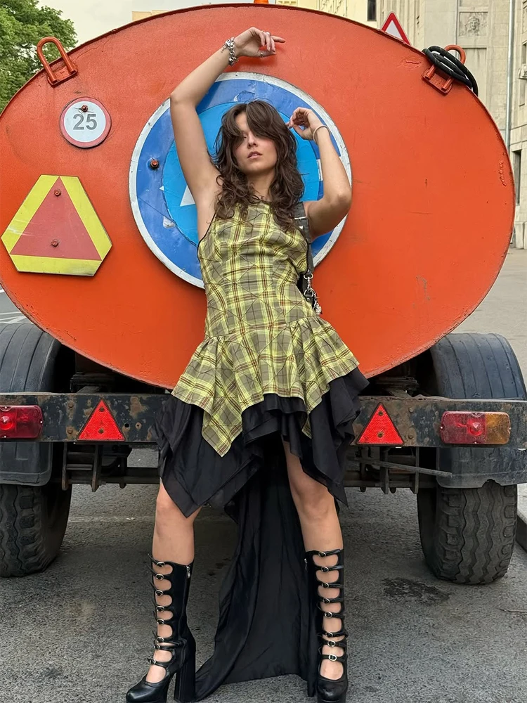 

Шикарное асимметричное платье миди в клетку для женщин, повседневное, с открытой спиной, на бретельках, с оборками и многослойным подолом, для ночного клуба, новинка 2026 года