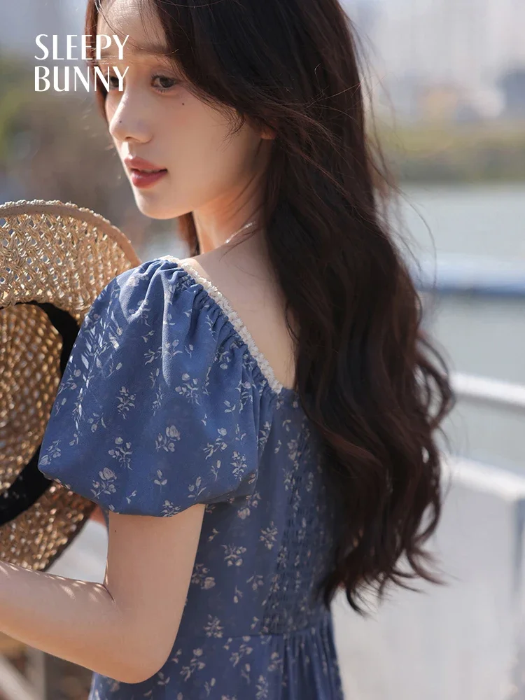 

Vintage Floral Chiffon Dress Women Summer Puff Sleeve Sweetheart Neck Elegant Slim Fit Split Long Dress Casual Beach Outfit
