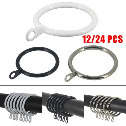 24/12 Pcs Curtain Rings Metal Iron Hanging Hook For Curtains Rods Pole Voile Heavy Duty 25 TO 37 Mm Curtain Black /Silver /White