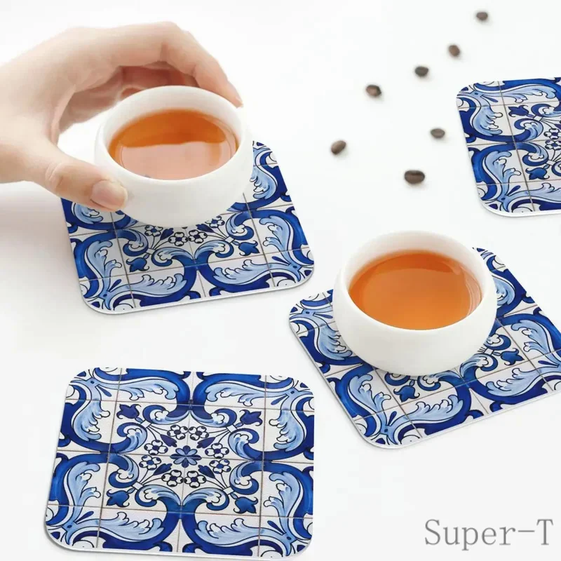 Antique Classic Lisbon Blue Azulejo Tile Floral Pattern Coasters Coffee Mats Placemats Cup Tableware Pads for Home Dining Bar