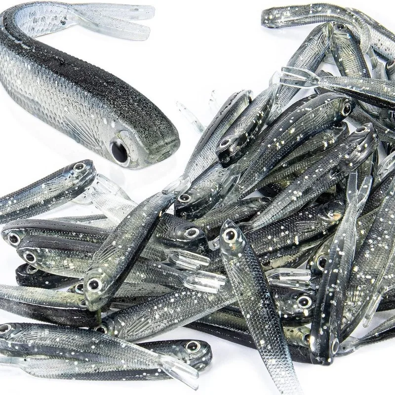 10/20/30Pcs Split Tail Minnow Soft Lure Silver Flash Soft Swimbait 3D Eye Plastic Bait Freshwater Saltwater Scented Minnow