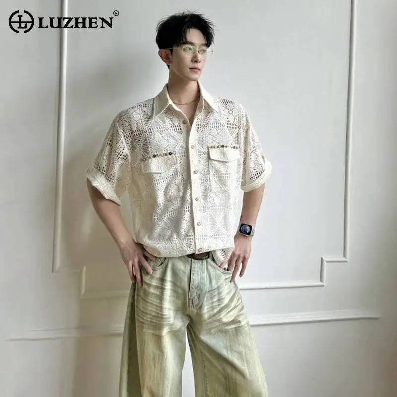 

LUZHEN 2026 Summer Trendy Mesh Hollow Out Pattern Lapel Short Sleeve Shirts Men's Handsome High Quality Loose Casual Tops JY6788