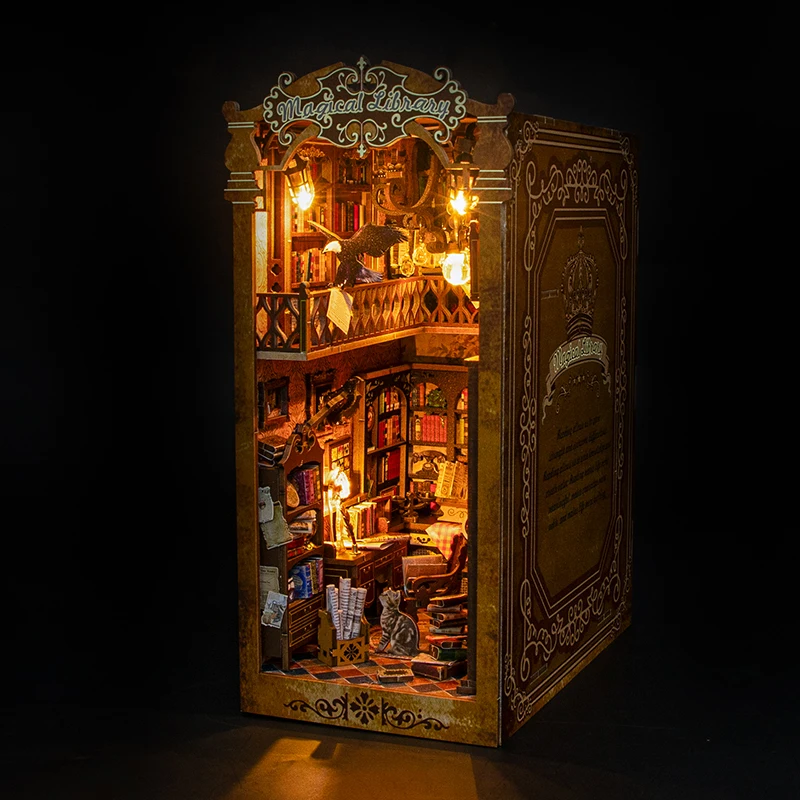 Magical Library DIY Book Nook Kit Miniature Bookshelf Insert with LED Light 3D Wooden Puzzle Building Kit Craft Gift Dollhouse