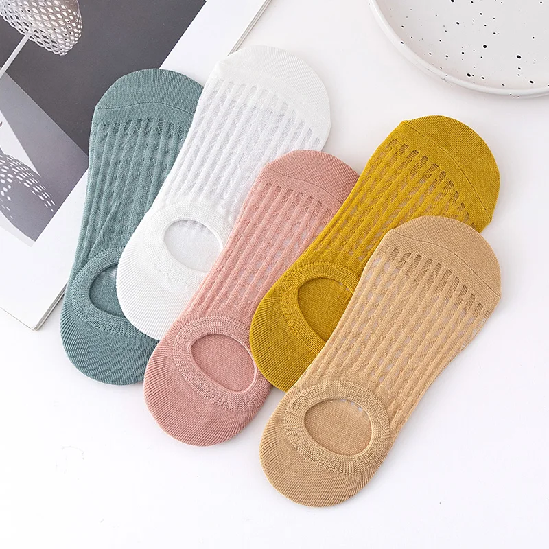 5 Pairs Summer Thin Mesh Socks Ladys Shallow Silicone Anti Slip Invisible Socks Lovely Solid Color Boat Socks