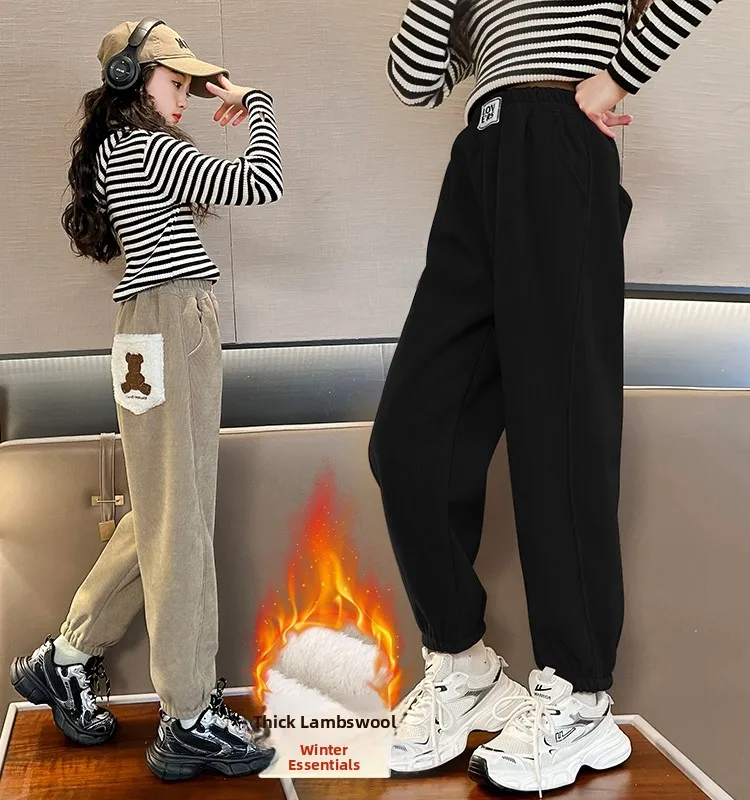 Thiened pele de cordeiro fce meninas calças inverno quente calças casuais das crianças inverno faion commute sle meninas calças compridas