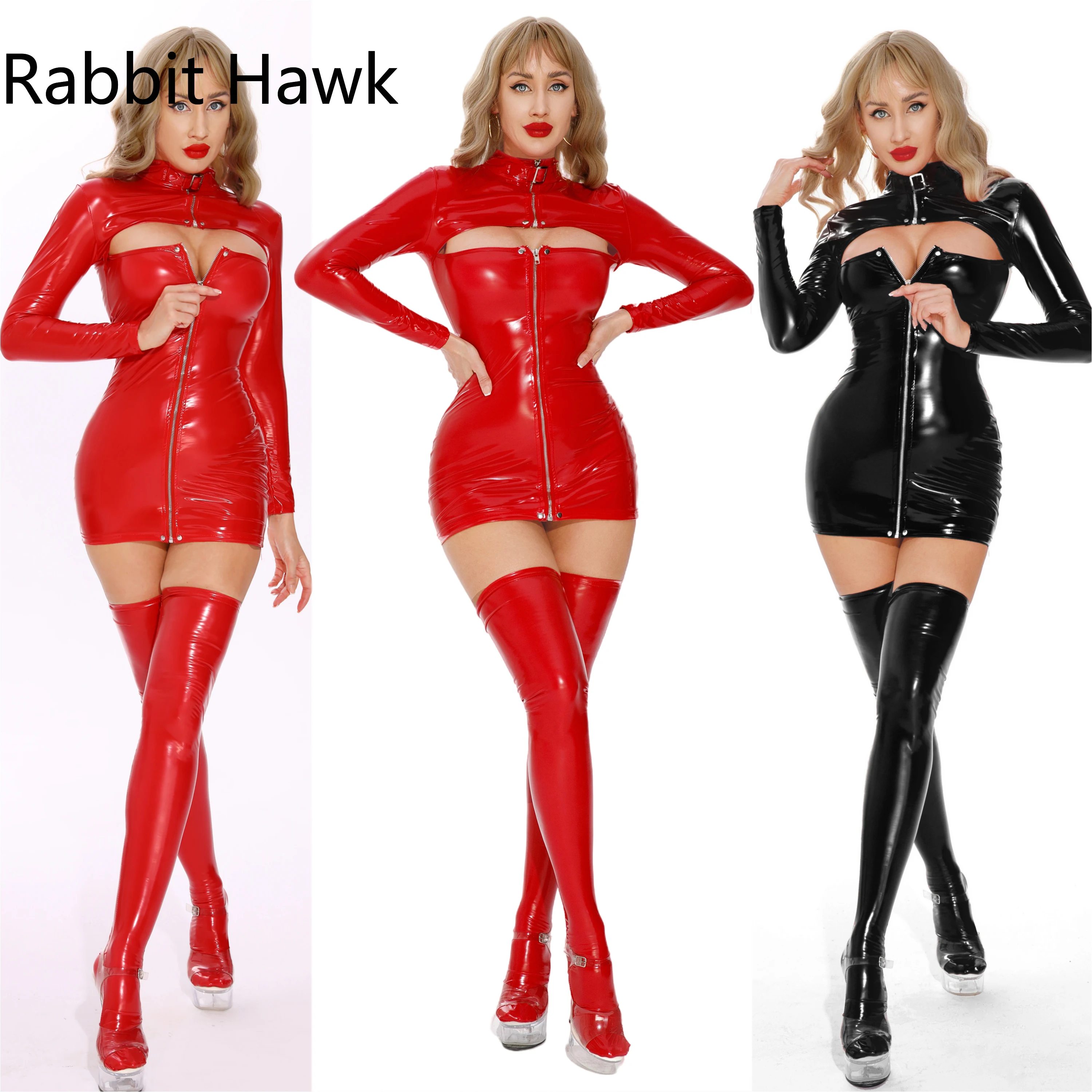 

Sexy Women PU Faux Leather Shiny Tight Pencil Dress Open Bust Hollow Out Oil Gloosy Micro Mini Dress Glossiness Maid Dress 18+