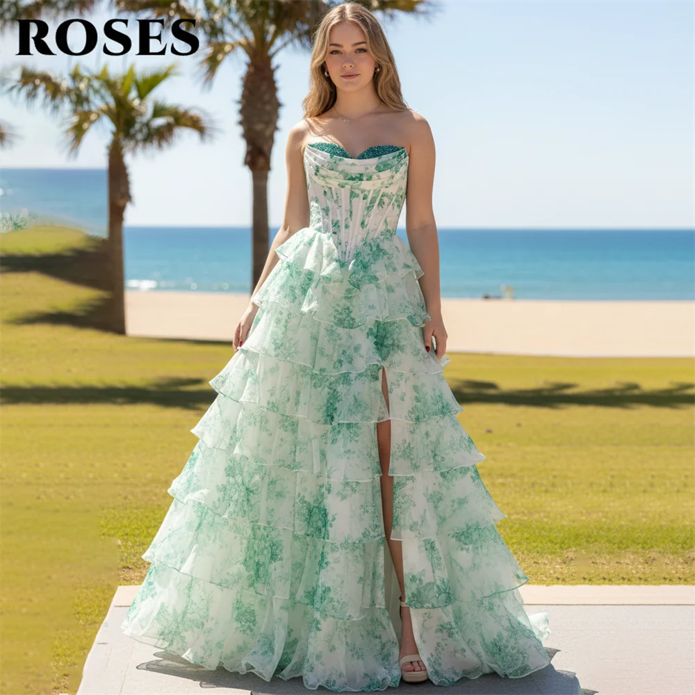 

ROSES Mint Green Fresh Evening Dress Floral Print Party Dress High Thigh Slit vestidos de fiesta Layered Prom Gowns Customized