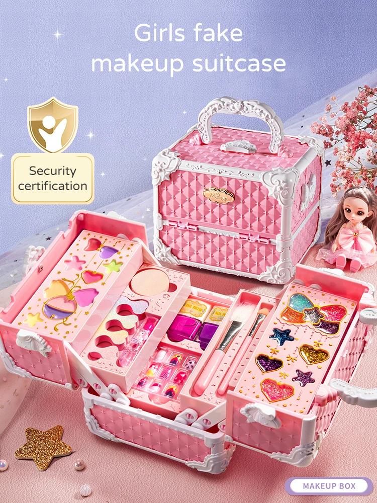 Kit de maquiagem infantil, simulação não tóxica, cosméticos, mala, esmalte labial, brinquedo de beleza e moda para crianças, presentes para meninas