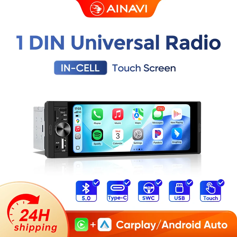 AINAVI K50 Autoradio Universale 1 Din con Carplay, Android Auto Wireless, Multimedia per Auto, USB Type-C, BT, Schermo HD IPS, Stereo per Auto 2Din
