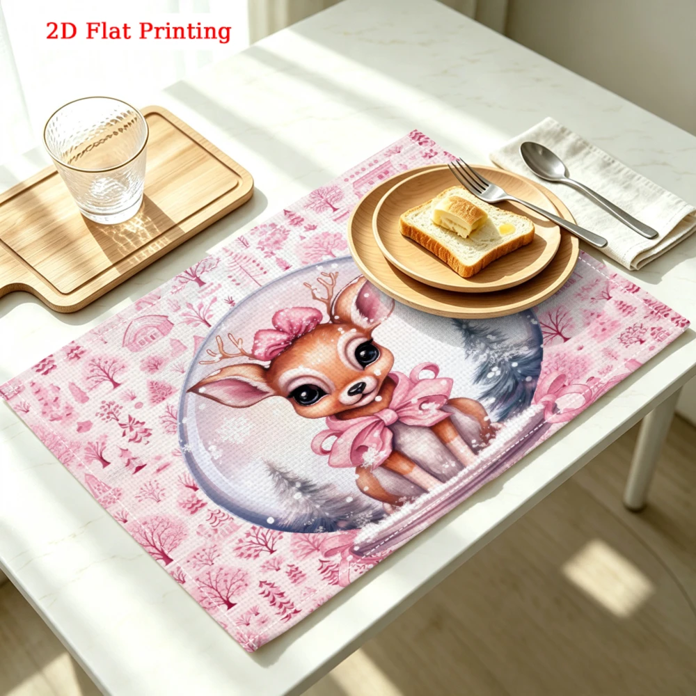 1pc Cute Cartoon Deer Placemat Pink Floral 2d Flat Printing Table Mat Kitchen Dining Home Decor Use 30x40cm Cover