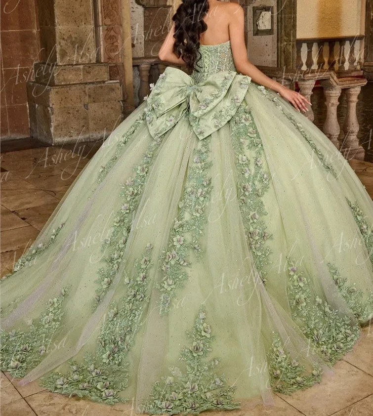 Customized Sage Green Quinceanera Dresses Ball Gown Flower Applique Lace Up Floor Length Prom Birthday Party Dress Sweet 15 16