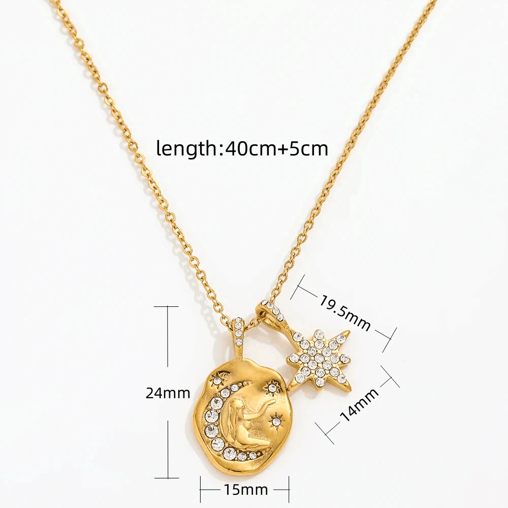 Joolim Jewelry Wholesale No Fade Elegant Vintage Crescent Star Sun Burst Zirconia Pendant Stainless Steel Necklace for Women