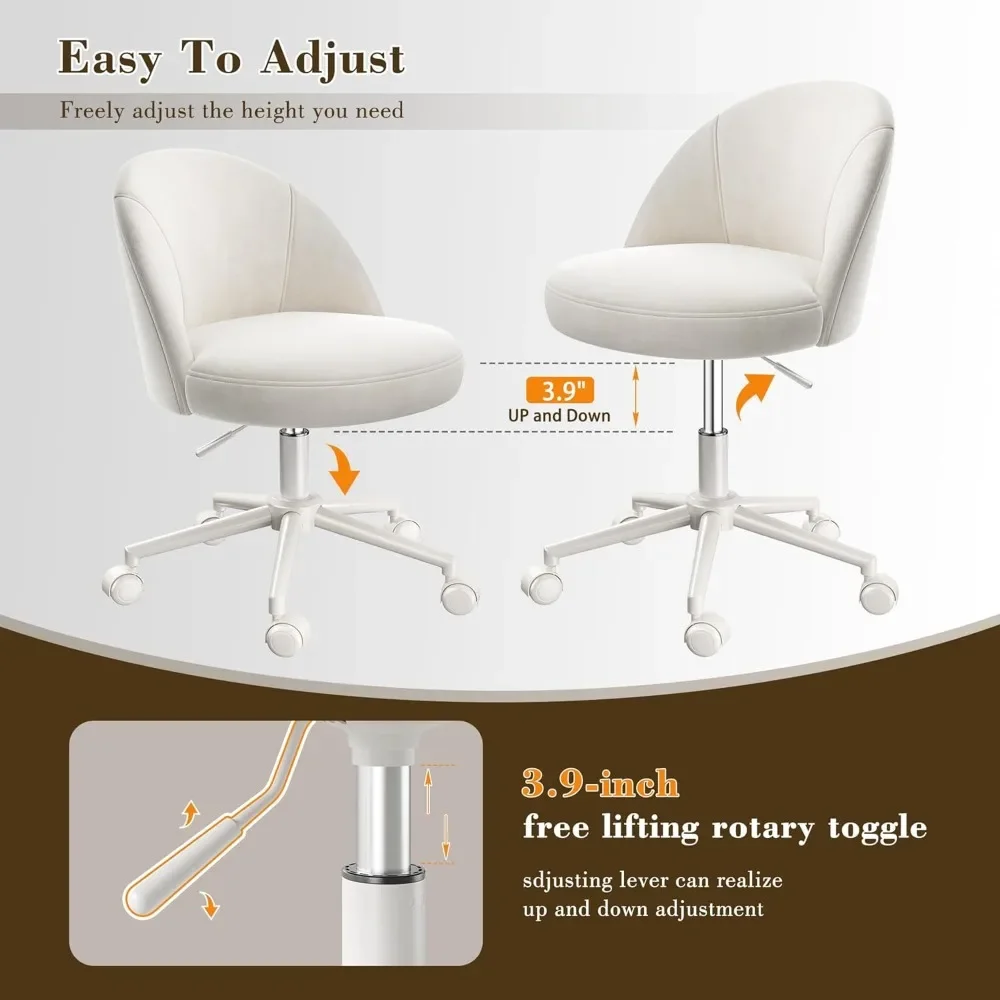 Dressing Chair, Velvet Office Chair, Comfortable Lumbar Support, Cute Armless Office Chair, Adjustable Rolling Swivel - Image 5