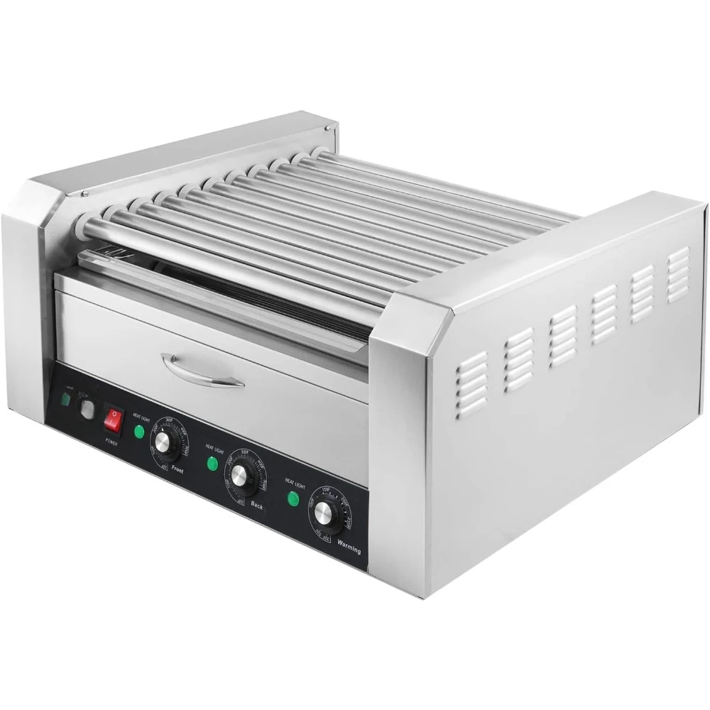 30 Hot Dog Roller Warmer Grill Cooker Machine, Commercial Grade, (with Bun Warmer Drawer, 11 Non-Stick Rollers