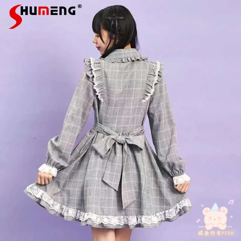 

Japanese Mines Style Retro Sweet Cute Lolita Dresses Doll Collar Long Sleeve High Waist Lace-up Bow Slim Plaid Short Dress Women
