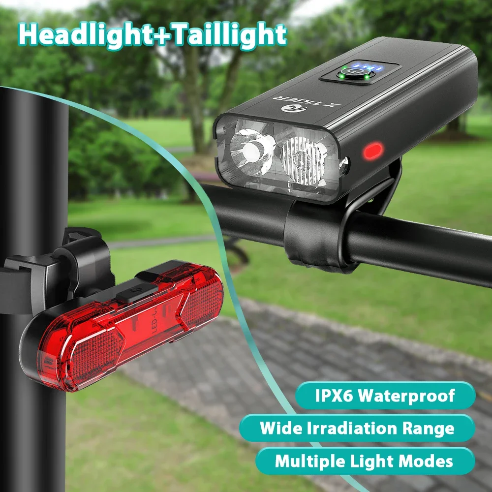 X-TIGER Bike Light Set Front Light with Taillight USB Rechargeable Flashlight 6 Modes Bicycle Accessories for Bicycle Road MTB