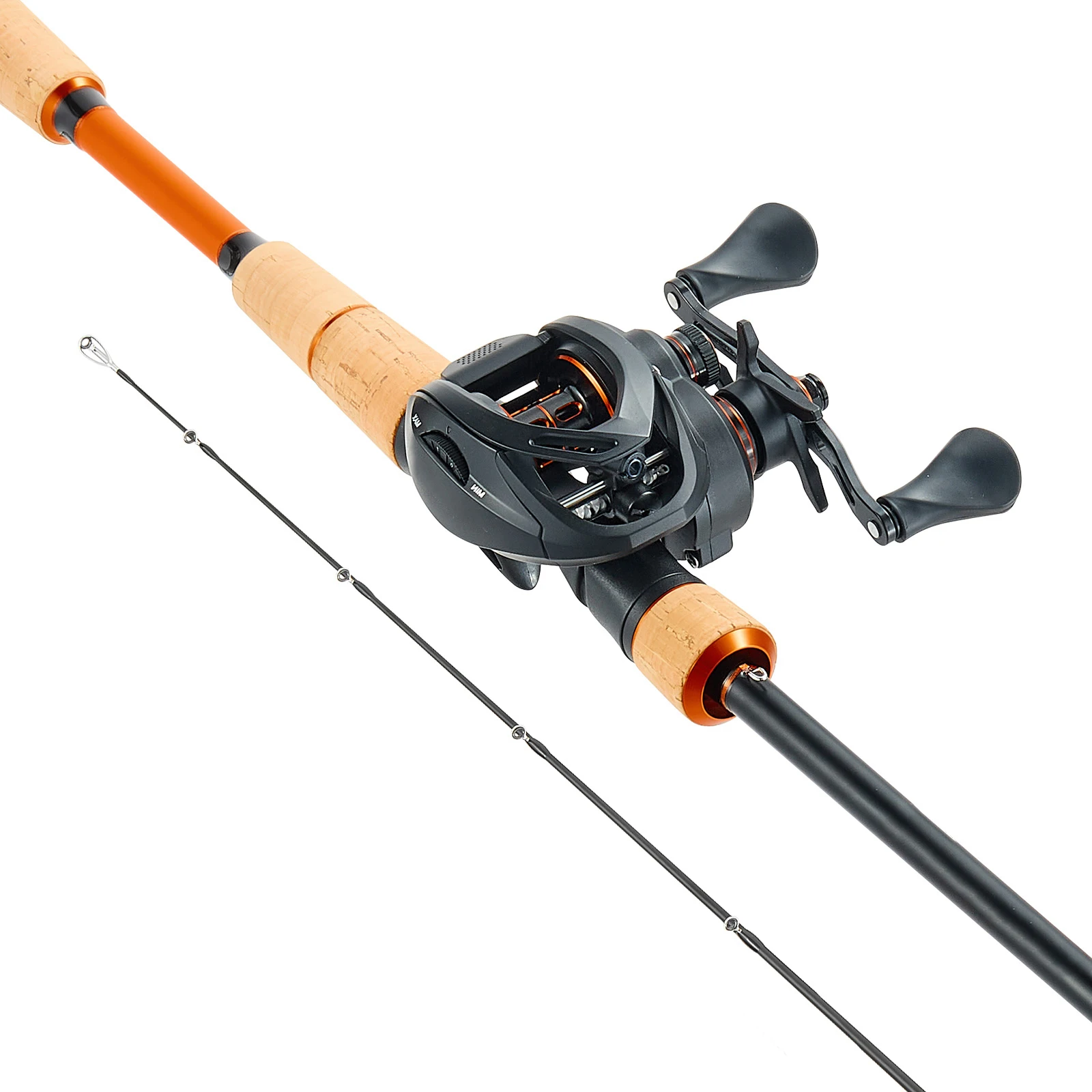 SucceBuy Combo Canna e Mulinello da Pesca, Canna per Bass Fishing con Sistema 7+1 BB, Manico in Sughero, Guide in Acciaio Inox con Anelli in Ceramica