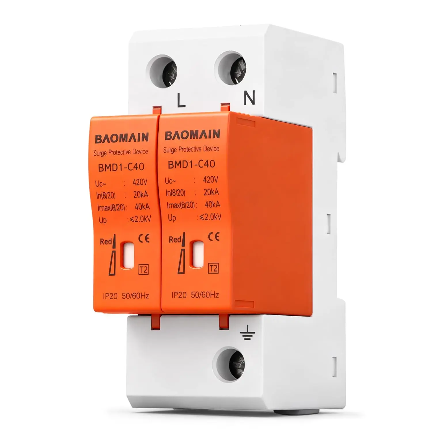 Premium Baomain BMD1-C40 SPD, 2P(1P+N) 420V AC 40kA Single-Phase Surge Protector, DIN Rail Mount, Flame Retardant