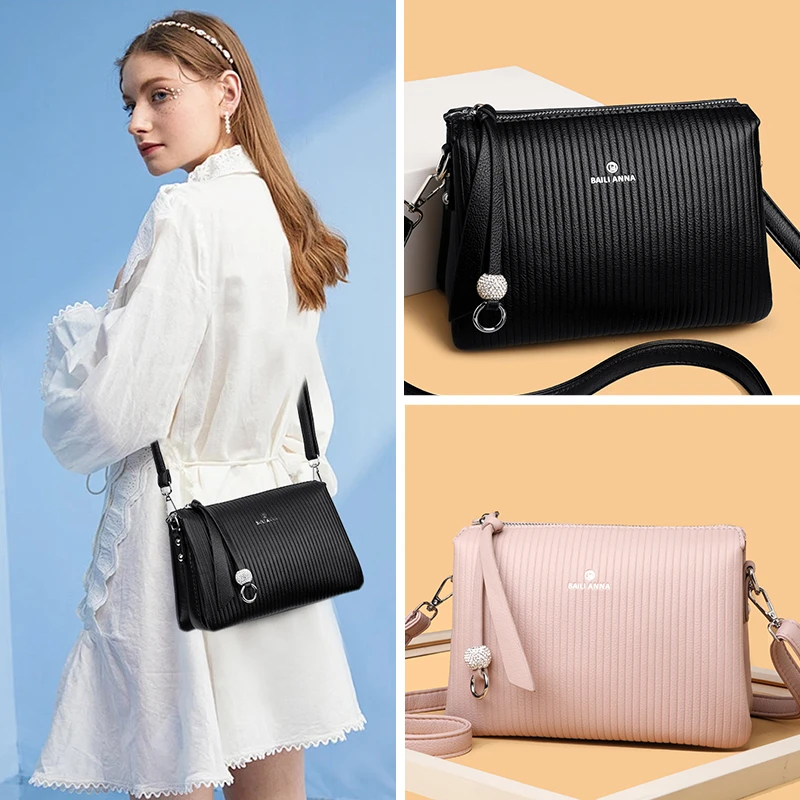 Fashion Pinstripe Pattern Shoulder Bag Woman New Elegant Handbag Simple Multipocket Messenger Bag Soft Leather Crossbody Bag