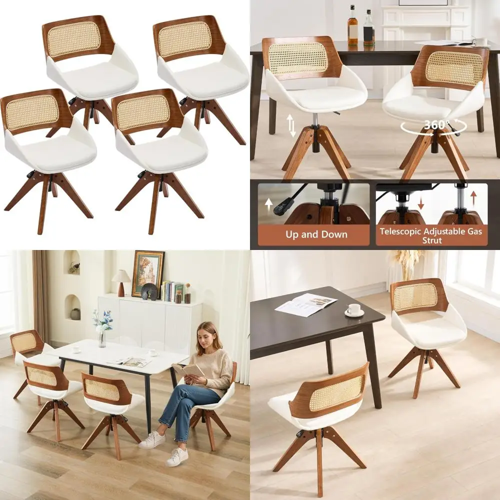 Conjunto de 4 cadeiras de jantar giratórias estofadas em couro sintético, cadeiras altas ajustáveis em nogueira, braços e pernas de madeira de cozinha confortáveis