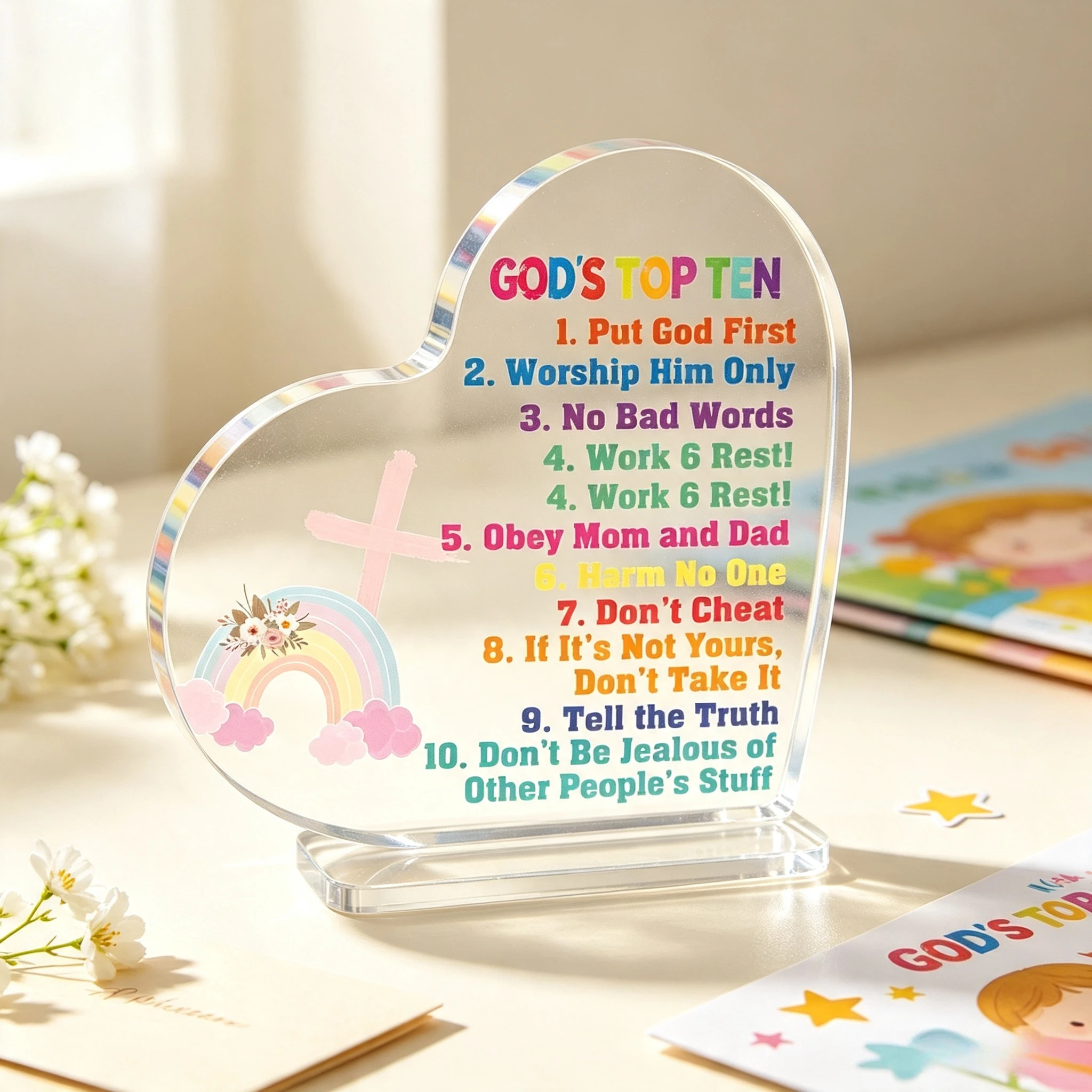 Kids Christian Ten Commandments Acrylic Heart Ornament Rainbow Cross Religious Home Decor Gift