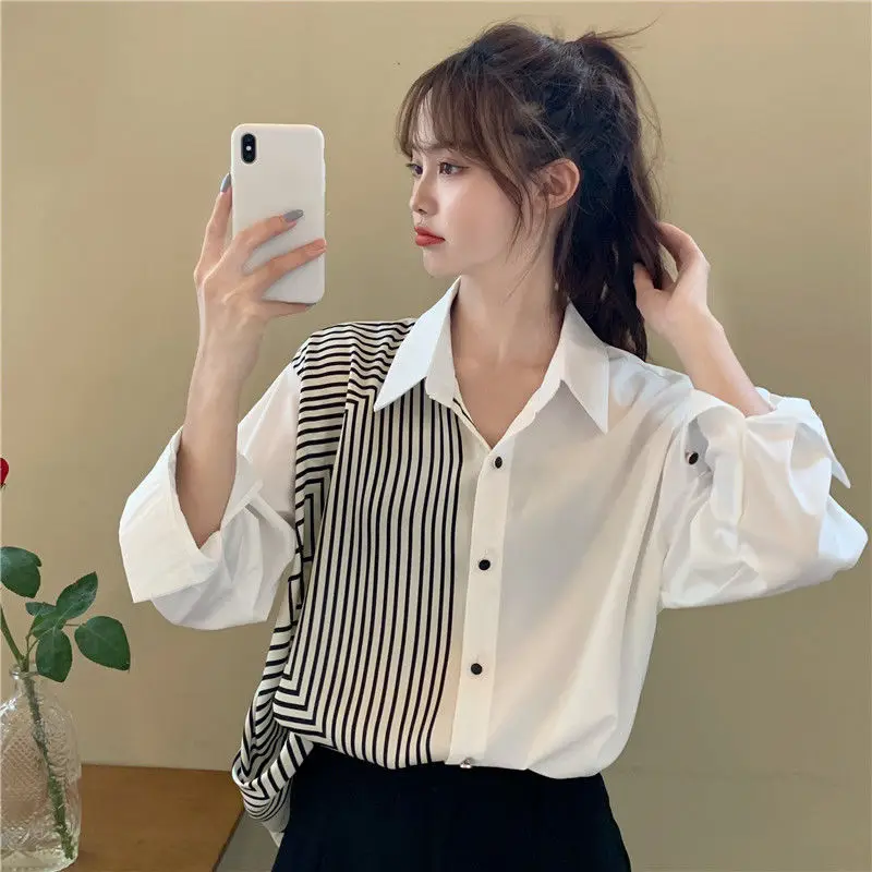 Black Stripe Print Patchwork White Shirt Spring Summer Fashion Blouse 2023 Long Sleeve Turn Down Collar Elegant Shirt for Female