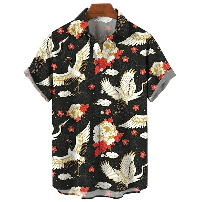 Hot Selling Flying Crane Cloud Pattern Retro Chinese Style Printed Men's Short Sleeved Shirt Loose Shirt
