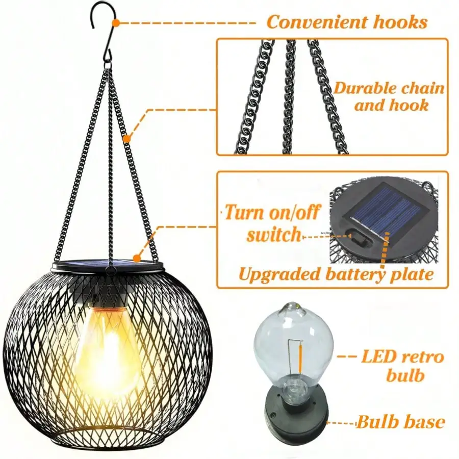 فانوس معلق بالطاقة الشمسية: معدن قديم، مصباح LED مقاوم للماء، خطاف، ديكور الحديقة/الفناء/الشرفة