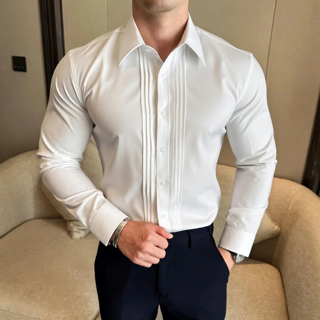 

Элегантные мужские рубашки-смокинги для банкетов, свадеб, торжеств, с длинным рукавом, деловые, формальные, с отложным воротником, на пуговицах, мужская блузка