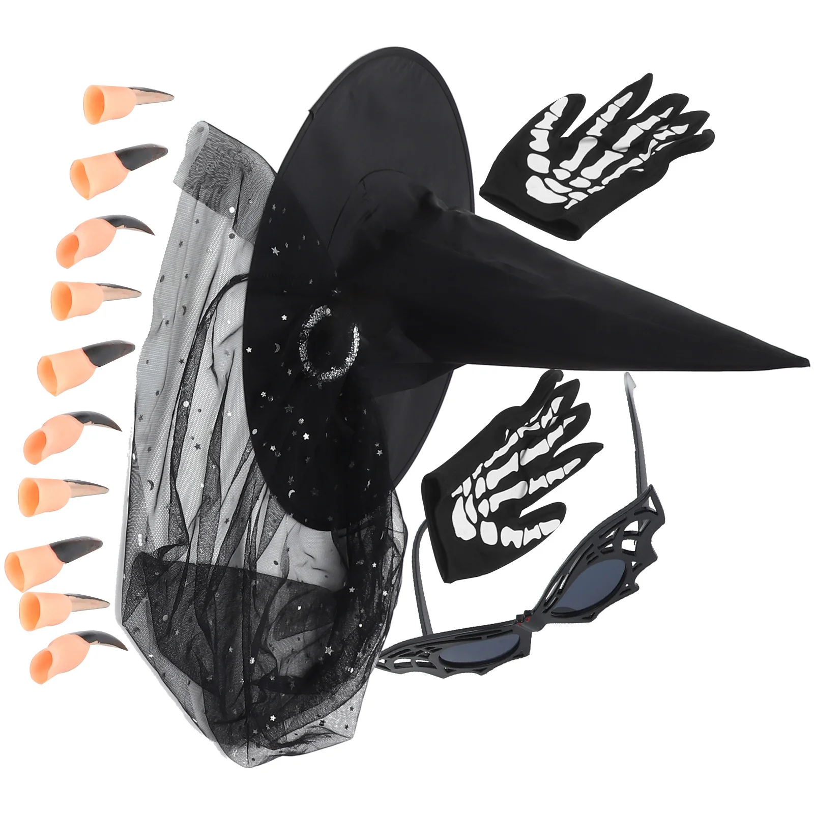 1Set Halloween Hexenhut Set Tragbare Sichere Material Cosplay Zubehör Gläser Handschuhe Gefälschte Nägel Party Liefert