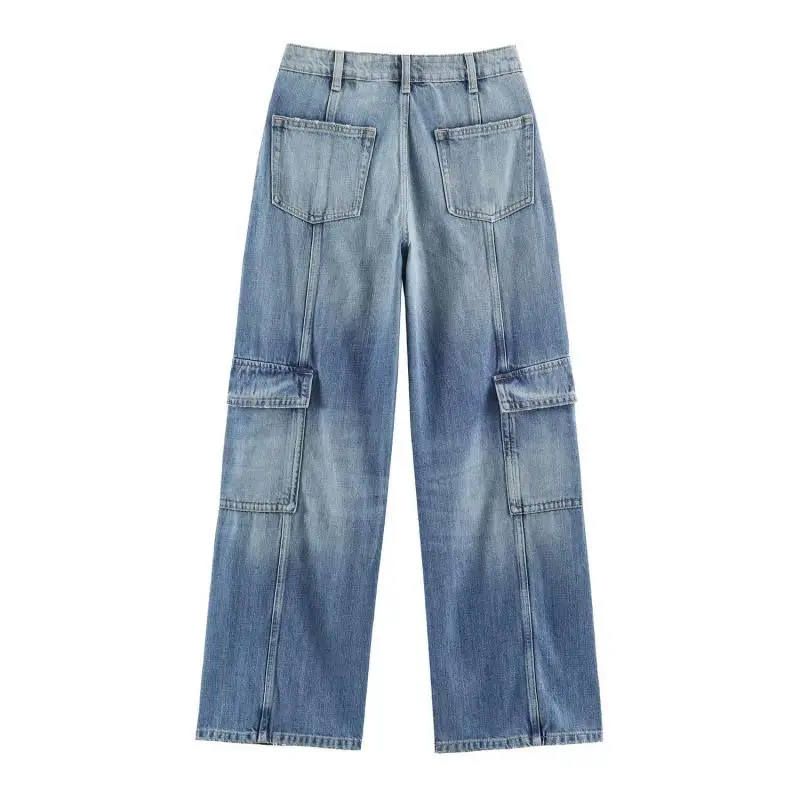 Withered American Retro Fashion Streetwear Multi Pocket Mid Waist Workwear Jeans Women's Denim Pants Women's Jeans Woman Clothes