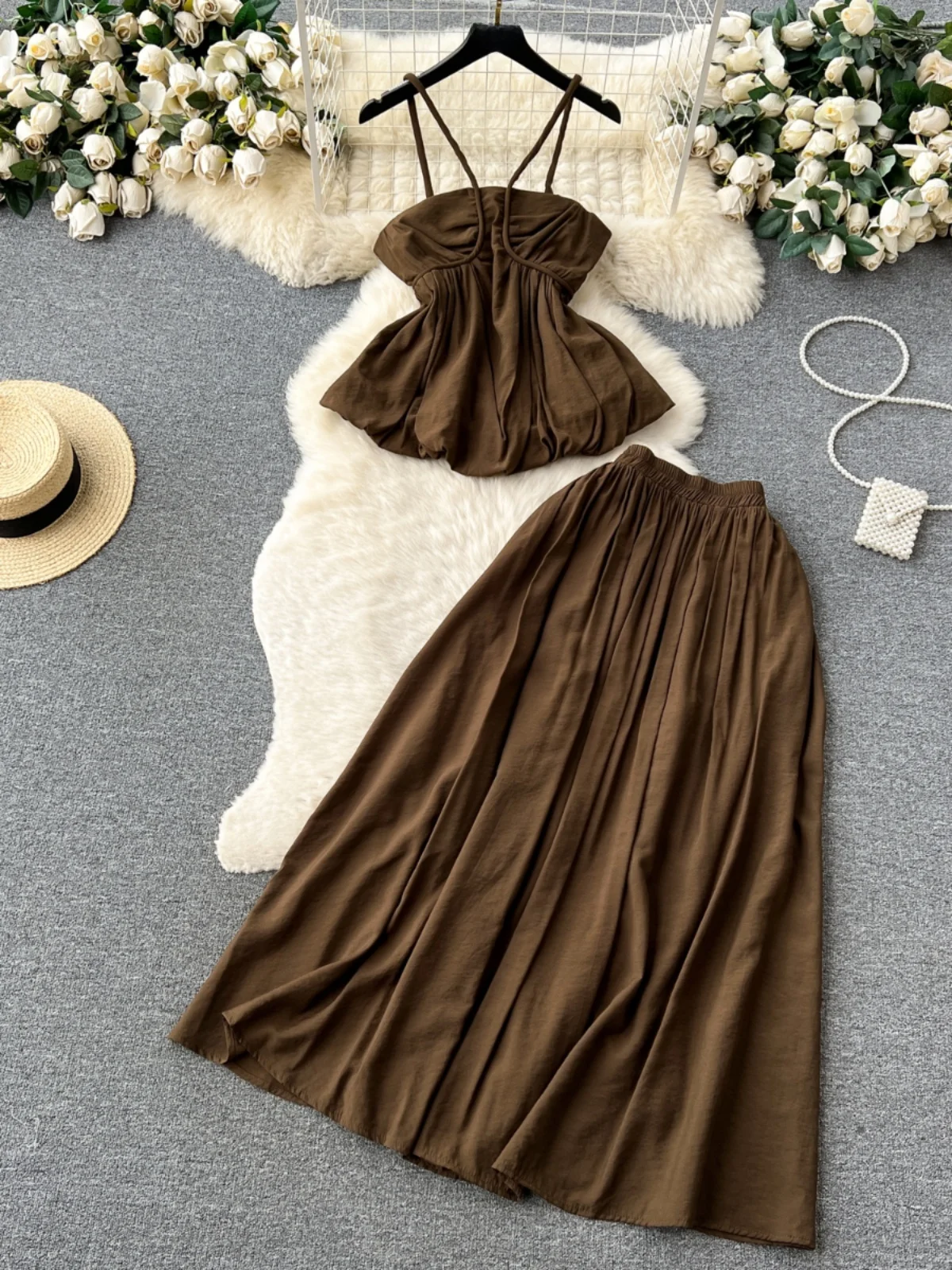 

Dopamine Hot Girl Fashion Set Women's Summer Simple Design Strap Vest Elastic Waist Skirt Stylish Ensemble