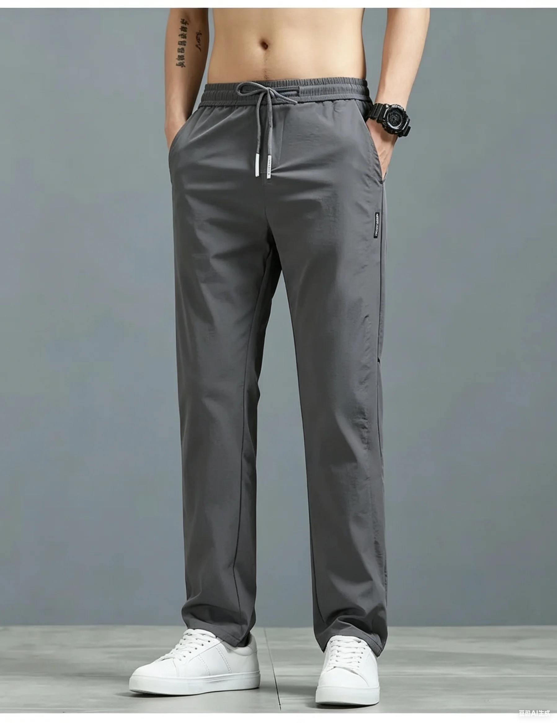 Fashion Men's Lightweight Ice Silk Straight Pants Drawstring Loose Fit Quick Dry Sports Trousers Daily Wear Casual Pants