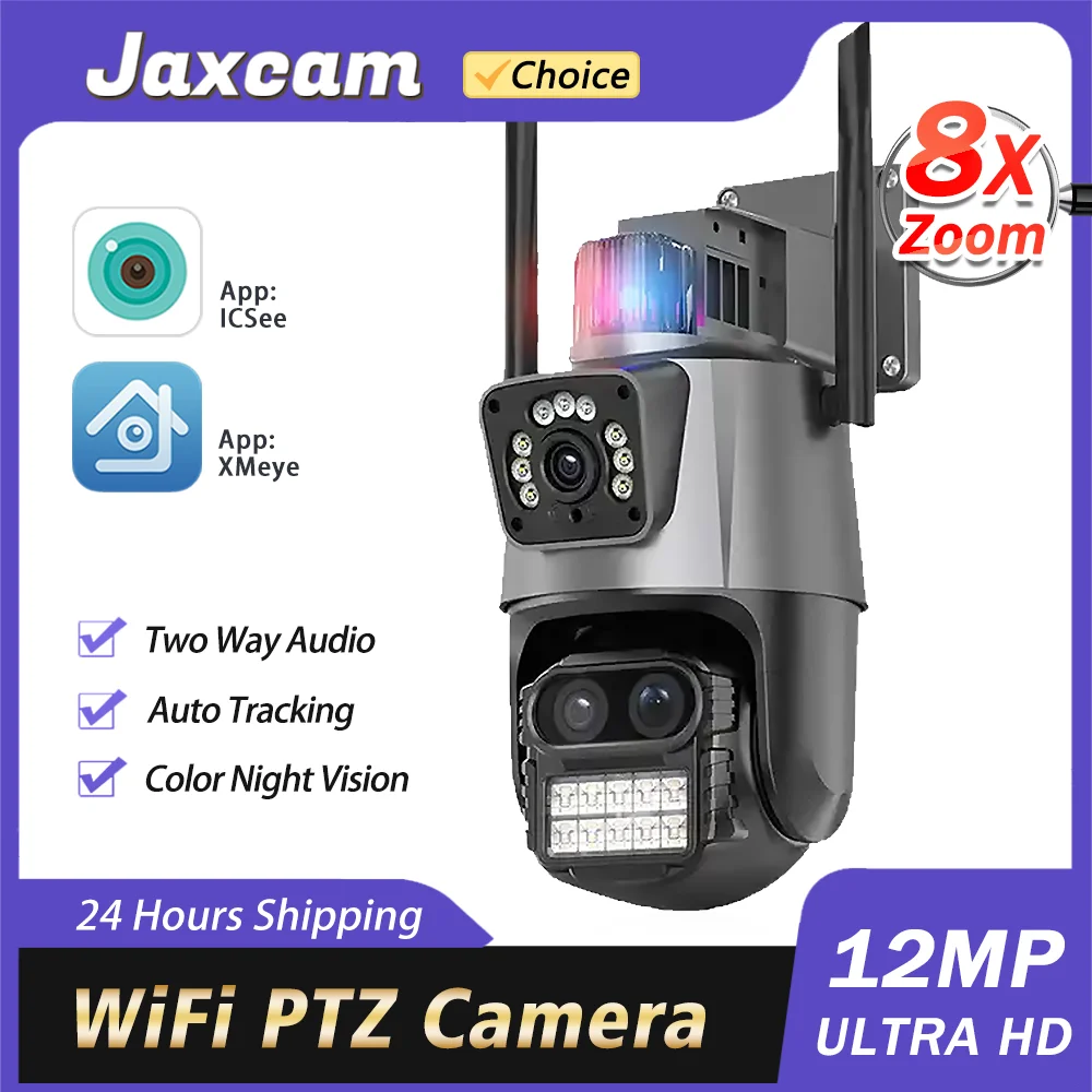 

12MP Three Lens 8X PTZ Zoom Outdoor Security Light Alarm 6K Video Surveillance WiFi IP PTZ CCTV Network ICsee PTZ Control Camera