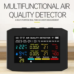 10 in 1 Air Quality Meter CO Carbon Dioxide Detector Time/Date Temperature, Humidity, Formaldehyde, TVOC, AQI, PM2.5, PM10 Show