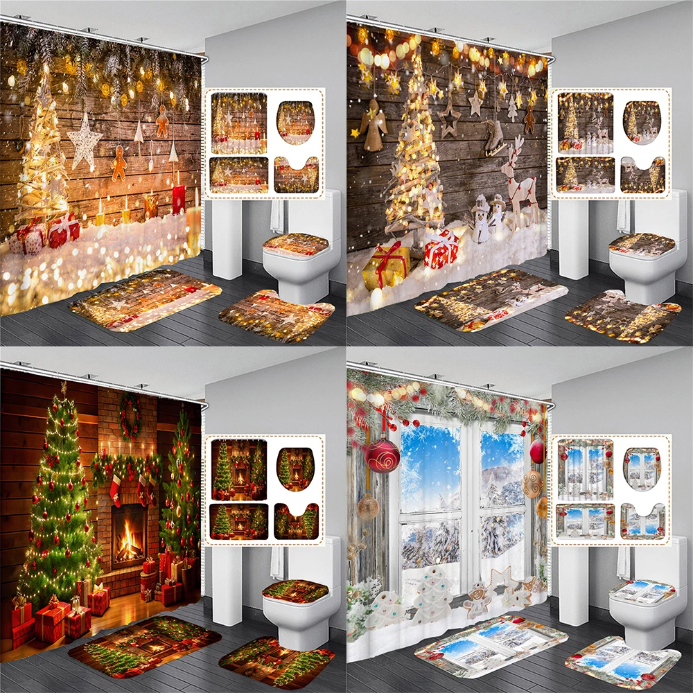 

Merry Christmas 3D Shower Curtains Bathroom Curtain Snowflake Christmas Tree Bath Mats Rugs Non-Slip Carpet Toilet Lid Cover