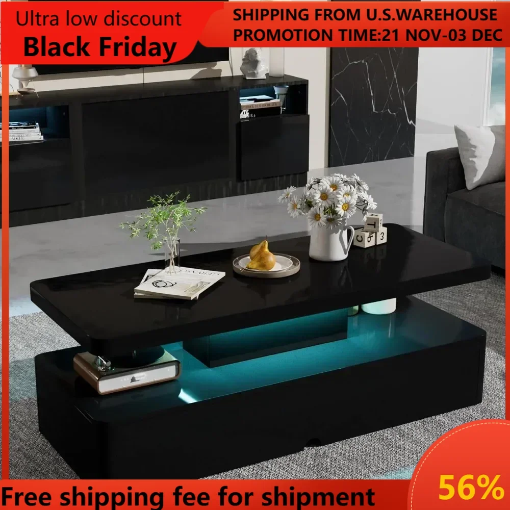 Double-Layer Design for Living Room Green Coffee Table Modern Stylish Coffee Table With 16 Colors LED Lights Black Furniture