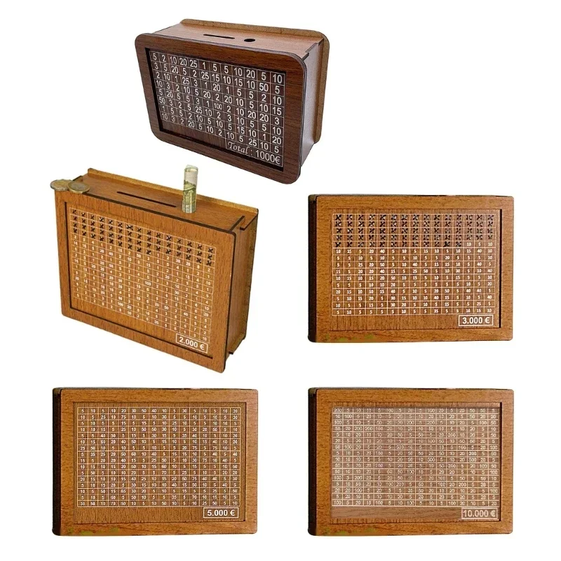 Euro Money Wood Box Piggy Bank Wood Money Bank Reusable Money Box with Saving Goal and Numbers Money Boxes Money Drawer