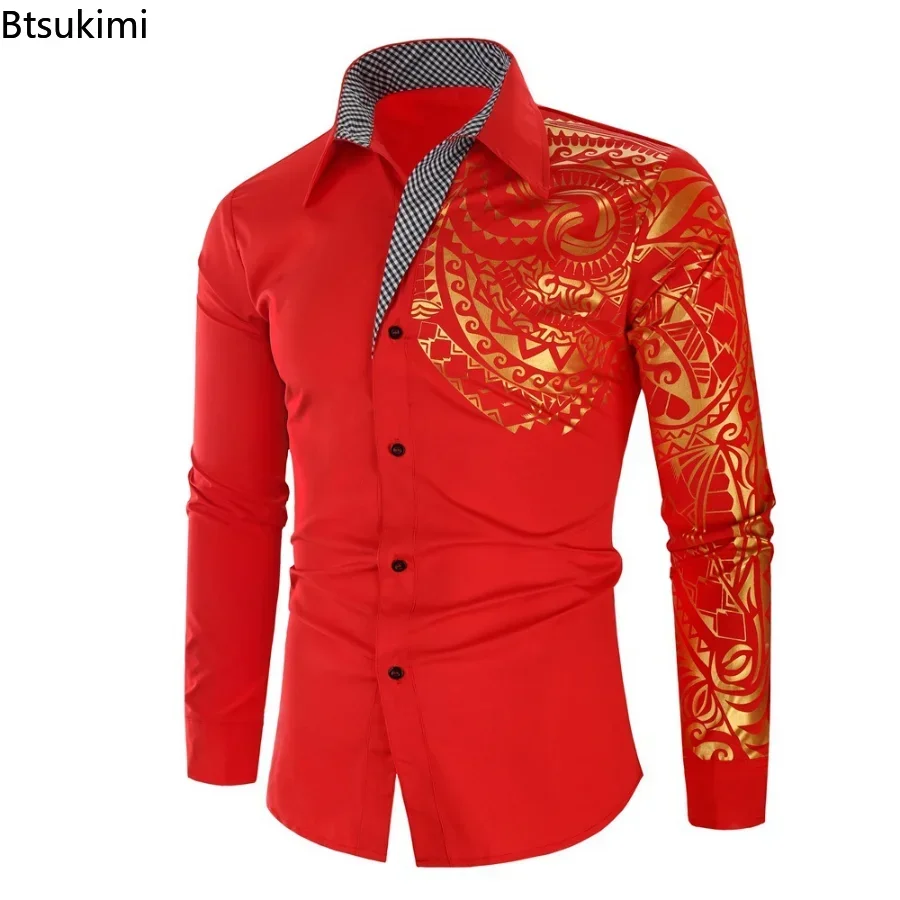 2025 Men's Long Sleeve Shirt Luxury Totem Gilding Formal Dress Shirts Tops Male Slim Fit Prom Party Social Print Shirt for Men