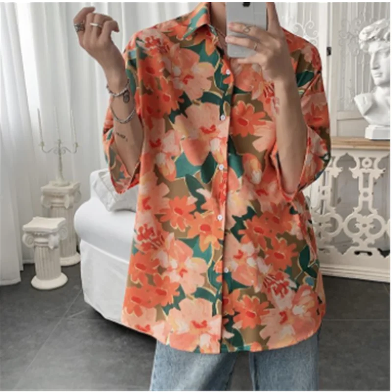 Fashion Street Apparel Retro Hong Kong Flower Shirt Loose Luxury Summer Short Sleeve Shirt Men's E0026