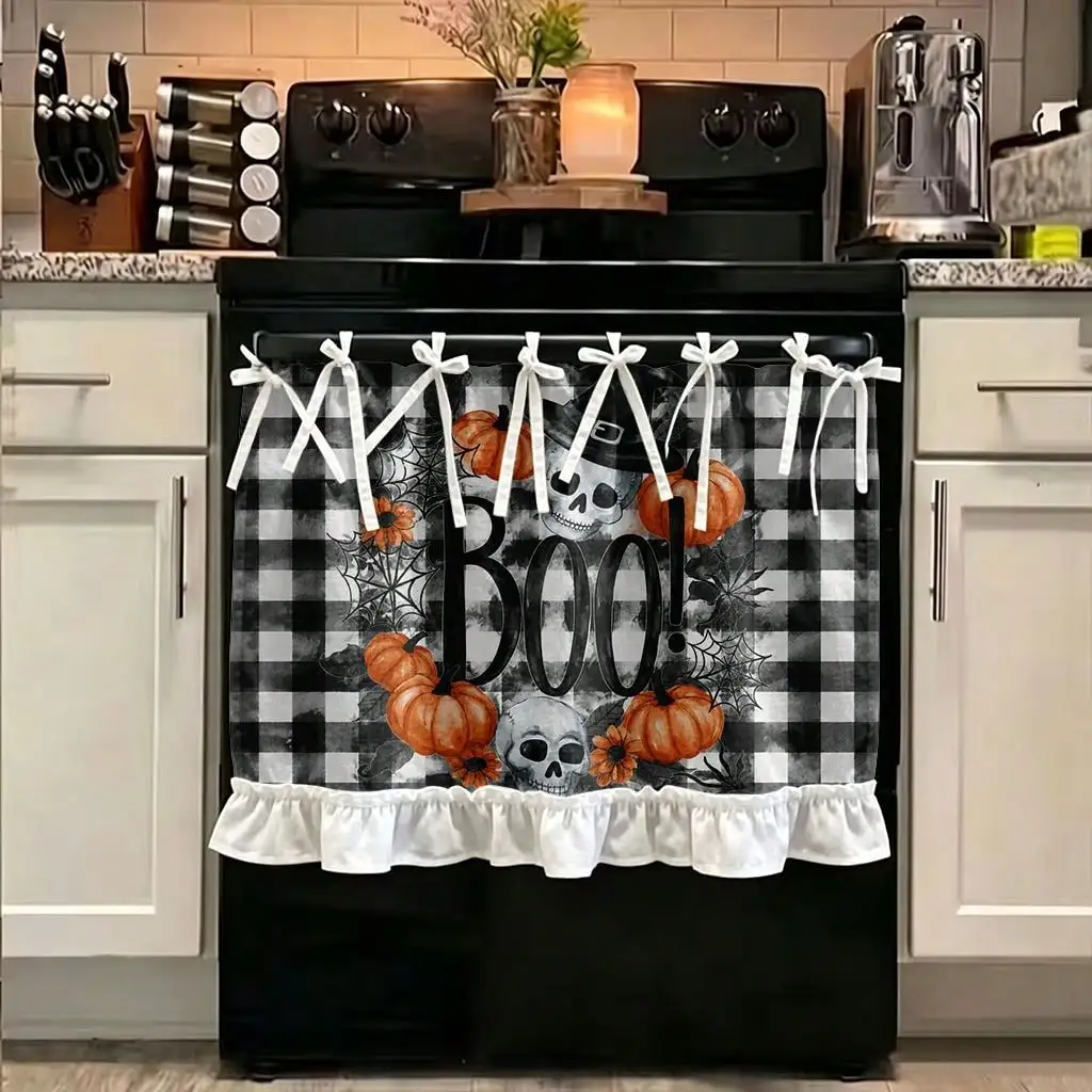 2D Flat - 1pc Kitchen Stove Curtain, Cabinet Curtain, Halloween with 2D Printing Black And White Buffalo Check Can Be Stove Curtain Oven Valance Kitchen Sink Valance Cabinet Curtain, Makes a Great Addition to Your Themed Home