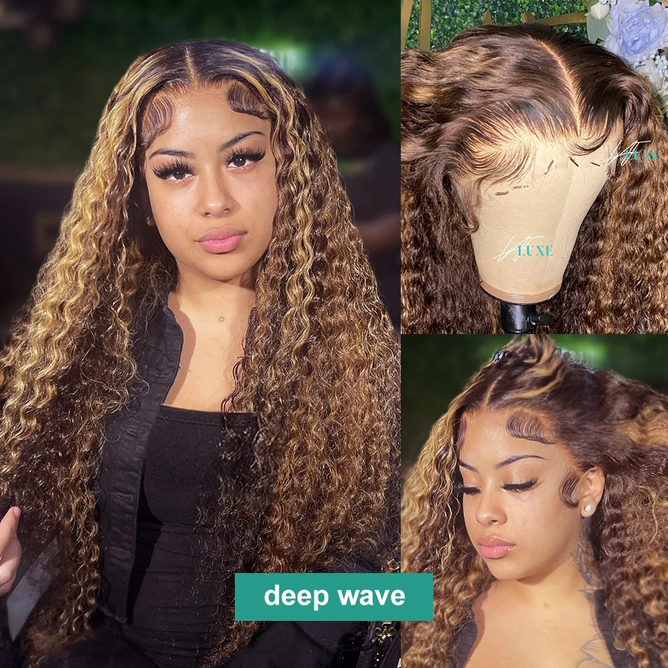 Melodie 200% HD Curly 32 Highlight Deep Wave Glueless Ready To Wear Ombre 13x6 Lace Front Human Hair Wigs 13x4 Lace Frontal Wig