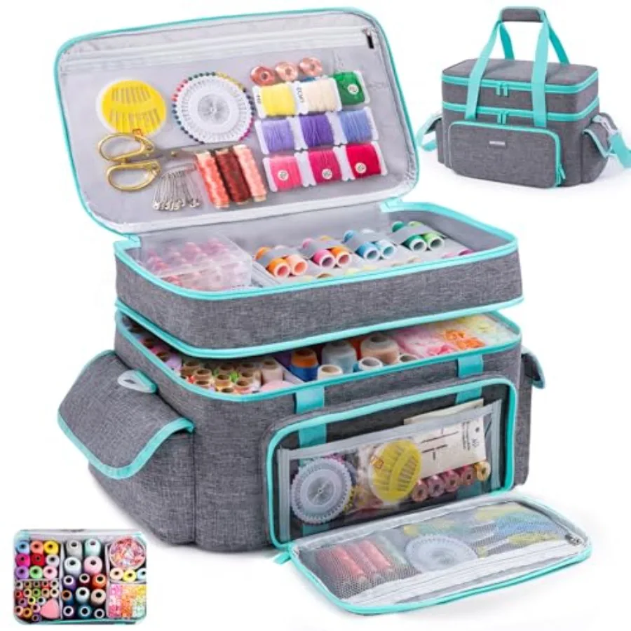 

Большая 15-дюймовая двухслойная сумка для хранения швейных принадлежностей со съемными разделителями, большой органайзер для швейных принадлежностей с плечевым ремнем и эластичными петлями для