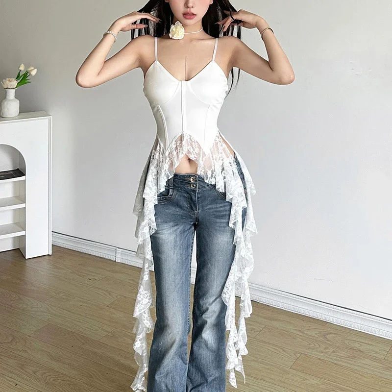 Irregular Lace Strap Vest Women's Summer Thai Style Sweet and Spicy Shoulder One Piece Fishbone Tube Top Vest Y2k Accessories