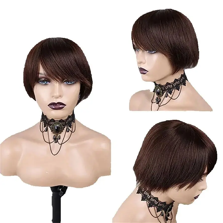 

Human Hair Wig Short Straight Asymmetrical Brown Soft Party Women Capless Full Wigs